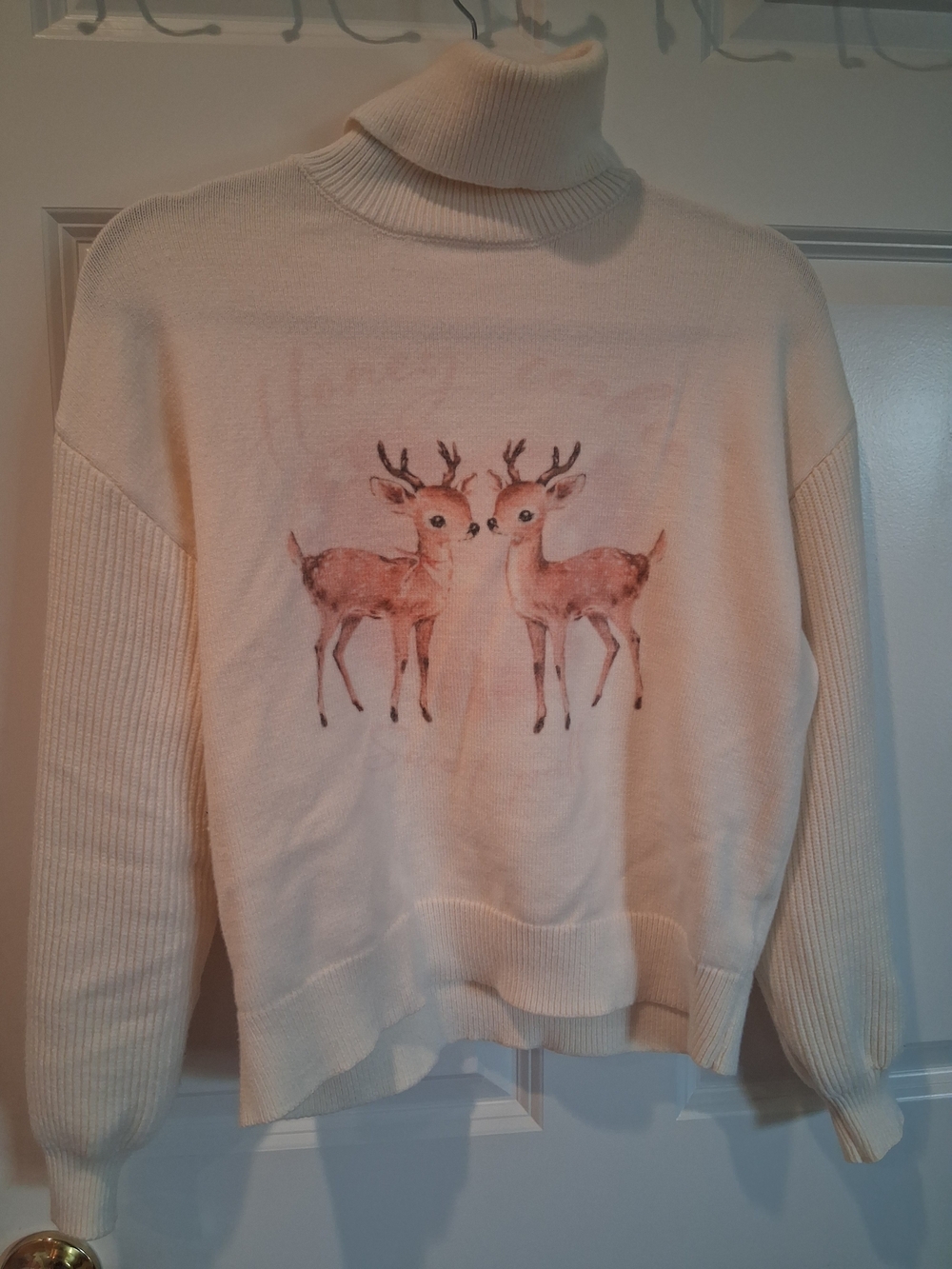 ROMWE Cream Turtleneck Sweater with Deer Motif